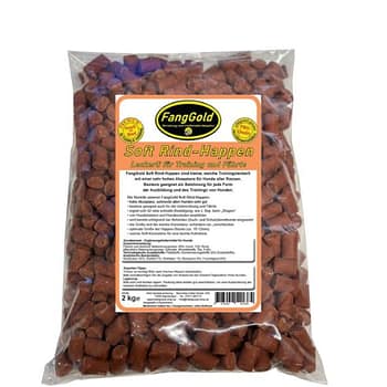 FangGold Soft Rind Happen sind kleine, weiche und halbfeuchte Trainingsleckerli mit einer sehr hohen Akzeptanz für Hunde aller Rassen.