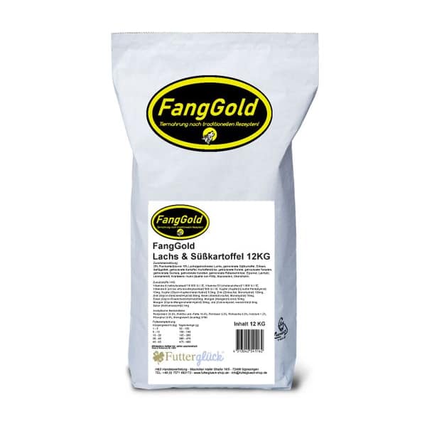 FangGold – Lachs & Süsskartoffel – Unser Trockenfutter mit einem hohen Anteil an getrocknetem Lachs und Süsskartoffeln bietet eine ausgewogene Ernährung