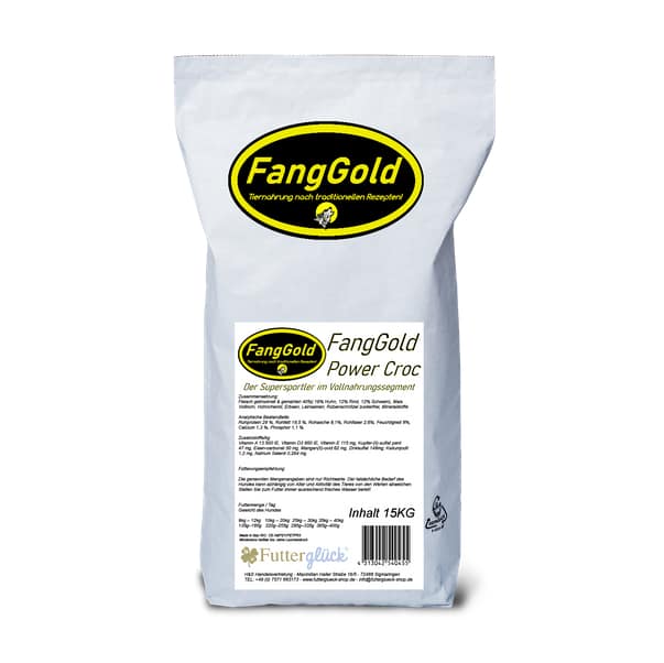 as Power Croc Trockenfutter von FangGold ist eine hochwertige, energiegeladene Vollnahrung, die speziell auf die Bedürfnisse von aktiven Hunden. Mit einem Fleischanteil von 40% aus dreierlei hochwertiger Eiweissquellen und einem genfreien & glutenfreien Kohlehydratanteil aus Mais und Erbsen ist für eine ausdauernde kontinuierliche Leistung gesorgt.